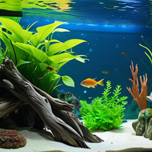 Home 19 **Lush planted aquarium with vibrant green plants, driftwood, and colorful fish. Focus on the illuminated plants and clear water.**