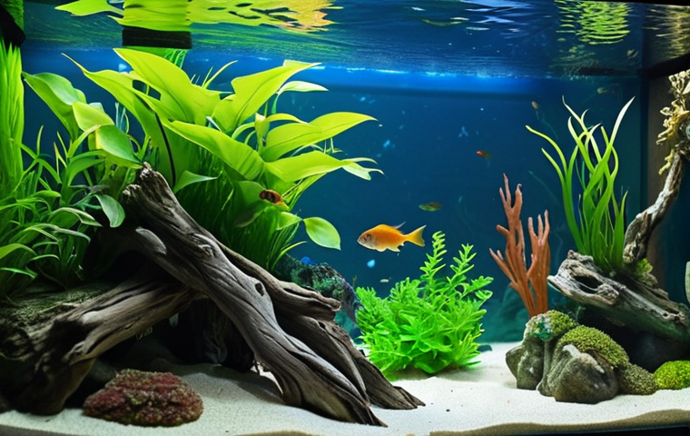 **Lush planted aquarium with vibrant green plants, driftwood, and colorful fish. Focus on the illuminated plants and clear water.**