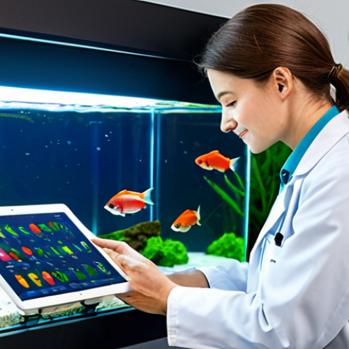 Home 18 A professional aquarist, fully clothed in a modest lab coat, diligently observing vibrant Betta fish in a meticulously maintained aquarium. The aquarist holds a tablet displaying real-time water parameters from smart sensors, highlighting the integration of technology. The background features clean, modern filtration systems and lush aquatic plants. Perfect anatomy, correct proportions, natural pose, well-formed hands, proper finger count, natural body proportions. Safe for work, appropriate content, fully clothed, professional, high quality photography, detailed, realistic, vibrant colors, shallow depth of field.
