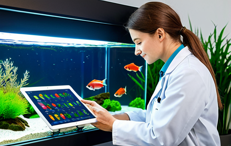 A professional aquarist, fully clothed in a modest lab coat, diligently observing vibrant Betta fish in a meticulously maintained aquarium. The aquarist holds a tablet displaying real-time water parameters from smart sensors, highlighting the integration of technology. The background features clean, modern filtration systems and lush aquatic plants. Perfect anatomy, correct proportions, natural pose, well-formed hands, proper finger count, natural body proportions. Safe for work, appropriate content, fully clothed, professional, high quality photography, detailed, realistic, vibrant colors, shallow depth of field.