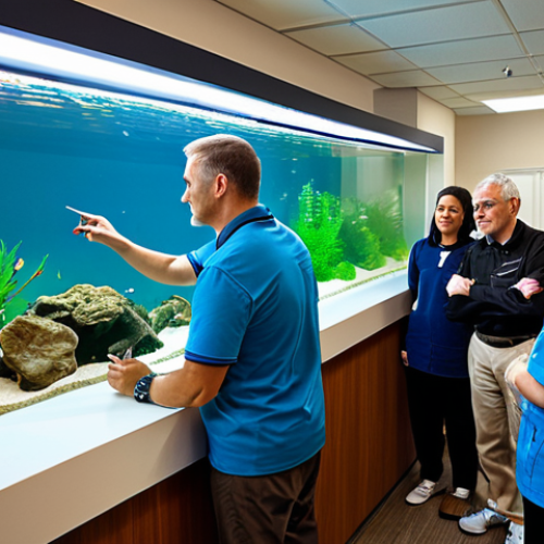 Home 17 A diverse group of adult aquarists, male and female, gathered around a beautifully maintained planted aquarium in a bright, modern community club room. They are fully clothed in modest, comfortable, and appropriate attire. An experienced mentor points to a feature in the aquarium, explaining a technique, while other members observe attentively, some taking notes. The room is clean and well-organized, with other aquaristic tools or reference books visible in the background. Professional photography, soft natural lighting, high detail, vibrant colors, perfect anatomy, correct proportions, natural pose, well-formed hands, proper finger count, natural body proportions, safe for work, appropriate content, fully clothed, professional, family-friendly.