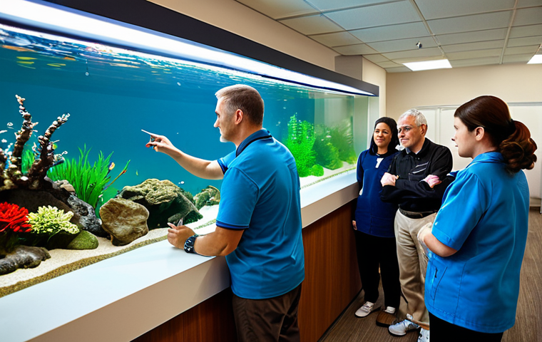 A diverse group of adult aquarists, male and female, gathered around a beautifully maintained planted aquarium in a bright, modern community club room. They are fully clothed in modest, comfortable, and appropriate attire. An experienced mentor points to a feature in the aquarium, explaining a technique, while other members observe attentively, some taking notes. The room is clean and well-organized, with other aquaristic tools or reference books visible in the background. Professional photography, soft natural lighting, high detail, vibrant colors, perfect anatomy, correct proportions, natural pose, well-formed hands, proper finger count, natural body proportions, safe for work, appropriate content, fully clothed, professional, family-friendly.