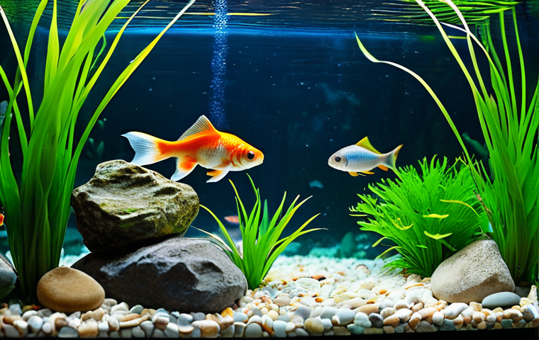 **

A vibrant, family-friendly aquarium scene. Two goldfish, one orange and one calico, are swimming amongst lush green aquarium plants. The background features colorful, safe aquarium decorations like a small, ceramic castle and smooth river stones. The image should evoke a sense of peacefulness and wonder.  Focus on bright, cheerful colors.  Safe for work, appropriate content, fully clothed (referring to potential human figures in the background, if any), professional, family-friendly, perfect anatomy (for the fish), natural proportions, high resolution, photorealistic.

**