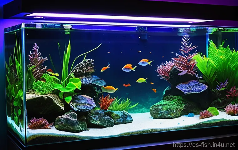 어항 LED 조명 - **Prompt 1: A Vibrant Aquatic Ecosystem Under Dynamic LED Lighting**
    A wide shot of a stunning, ...