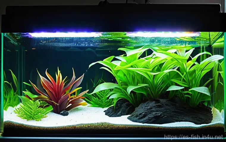 어항 LED 조명 - **Prompt 2: Smart Control of an Aquarium LED System**
    A close-up of a modern adult (e.g., a pers...