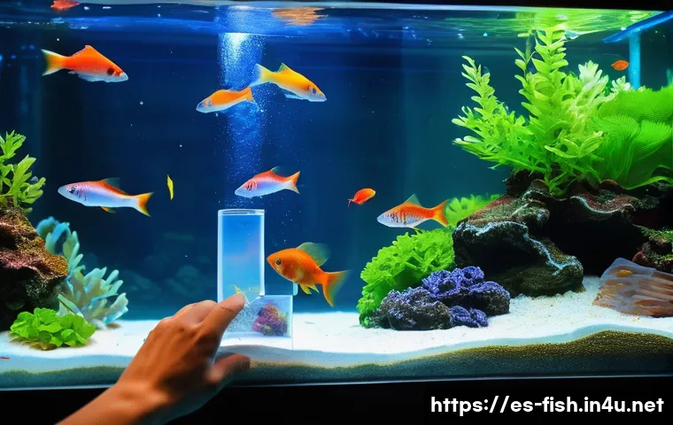 관상어 배송 안전법 - **Prompt 1: The Careful Preparation**
    "A close-up, high-angle shot of an aquarist's hands, with ...