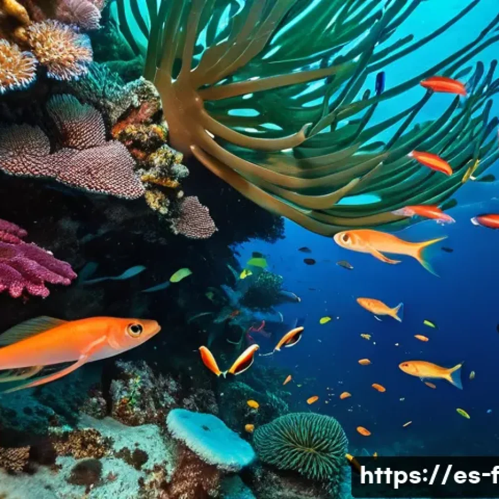 새우와 물고기 공생 - An underwater scene showcasing a vibrant coral reef where a group of cleaner shrimp wearing visible ...