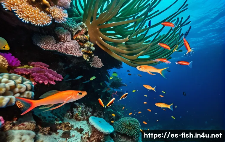 새우와 물고기 공생 - An underwater scene showcasing a vibrant coral reef where a group of cleaner shrimp wearing visible ...