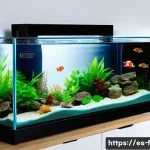 어항 온도 조절 장치 - A modern home aquarium setup featuring a medium-sized glass tank with a visible submersible heater w...