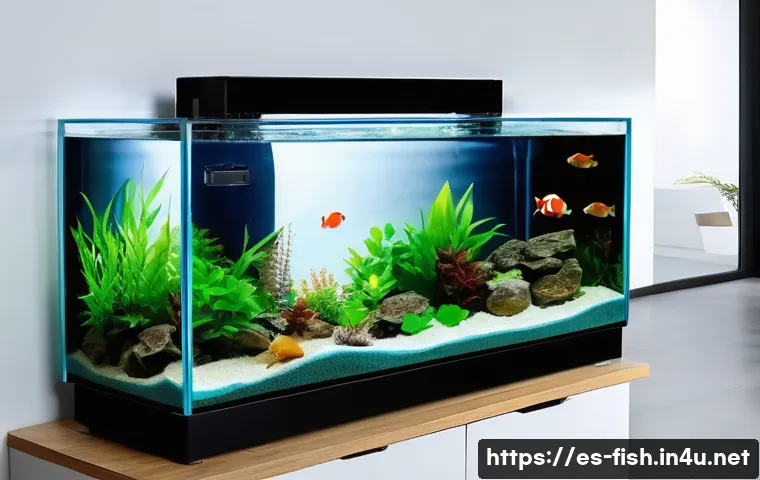 어항 온도 조절 장치 - A modern home aquarium setup featuring a medium-sized glass tank with a visible submersible heater w...