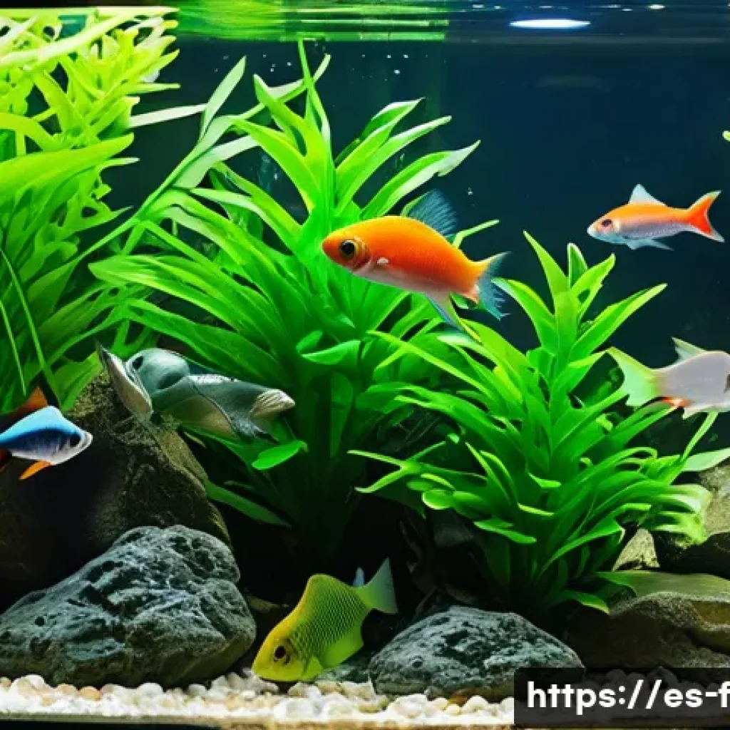 어항 물 흐름 조절기 - A vibrant and detailed aquarium scene showing a medium-sized tank with lively fish species native to...