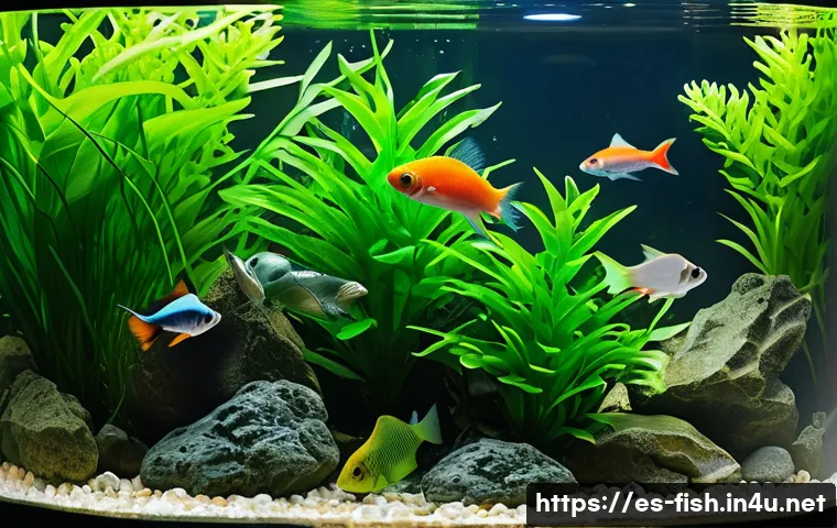 어항 물 흐름 조절기 - A vibrant and detailed aquarium scene showing a medium-sized tank with lively fish species native to...