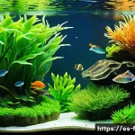 어항 CO2 시스템 - A vibrant planted aquarium scene showcasing healthy aquatic plants with large green leaves and vivid...