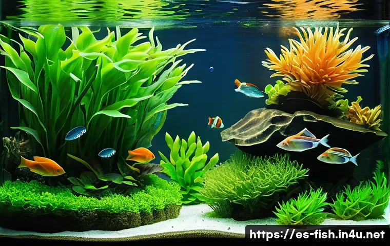 어항 CO2 시스템 - A vibrant planted aquarium scene showcasing healthy aquatic plants with large green leaves and vivid...