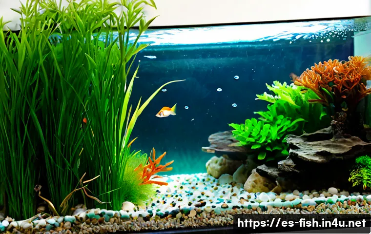 구피 번식 방법 - Photorealistic home aquarium scene showing a colorful male guppy and a larger female guppy swimming ...
